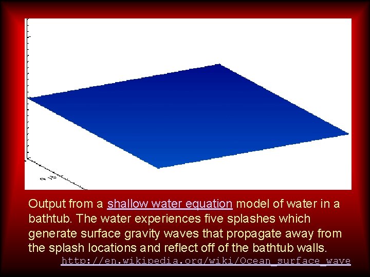 Output from a shallow water equation model of water in a bathtub. The water