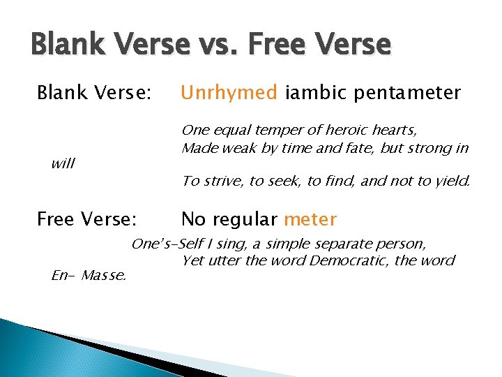 Blank Verse vs. Free Verse Blank Verse: One equal temper of heroic hearts, Made