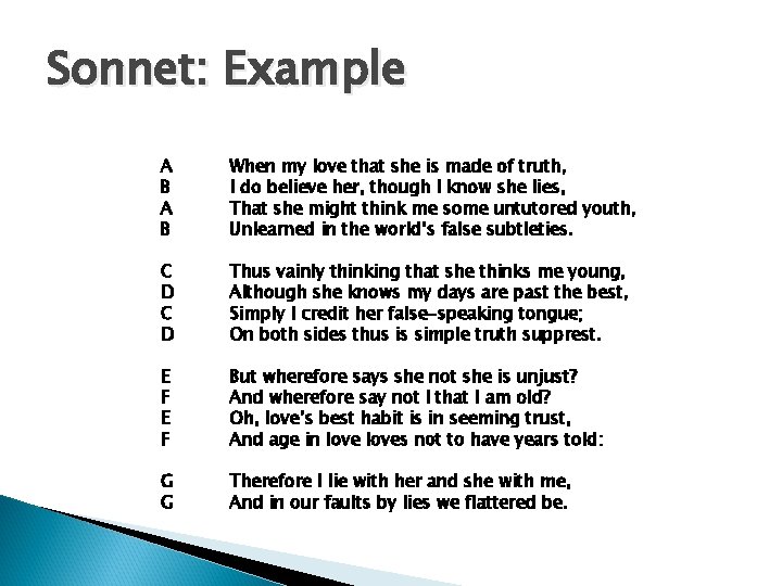 Sonnet: Example A B When my love that she is made of truth, I