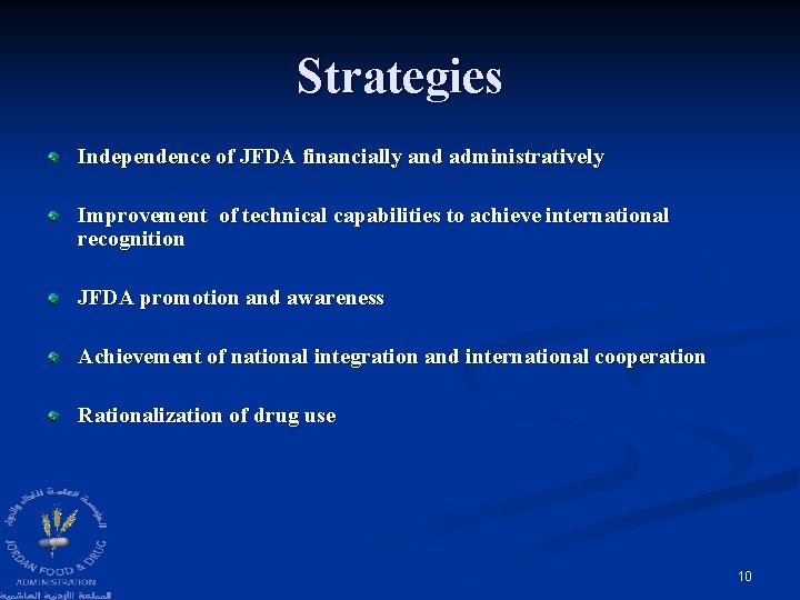 Strategies Independence of JFDA financially and administratively Improvement of technical capabilities to achieve international Strategies Independence of JFDA financially and administratively Improvement of technical capabilities to achieve international