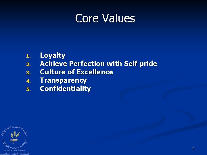 Core Values 1. 2. 3. 4. 5. Loyalty Achieve Perfection with Self pride Culture Core Values 1. 2. 3. 4. 5. Loyalty Achieve Perfection with Self pride Culture