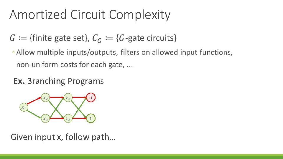 Amortized Circuit Complexity Ex. Branching Programs 0 1 Given input x, follow path… 