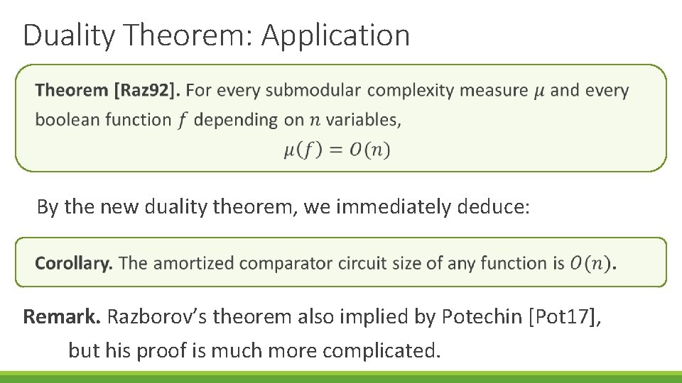 Duality Theorem: Application By the new duality theorem, we immediately deduce: Remark. Razborov’s theorem