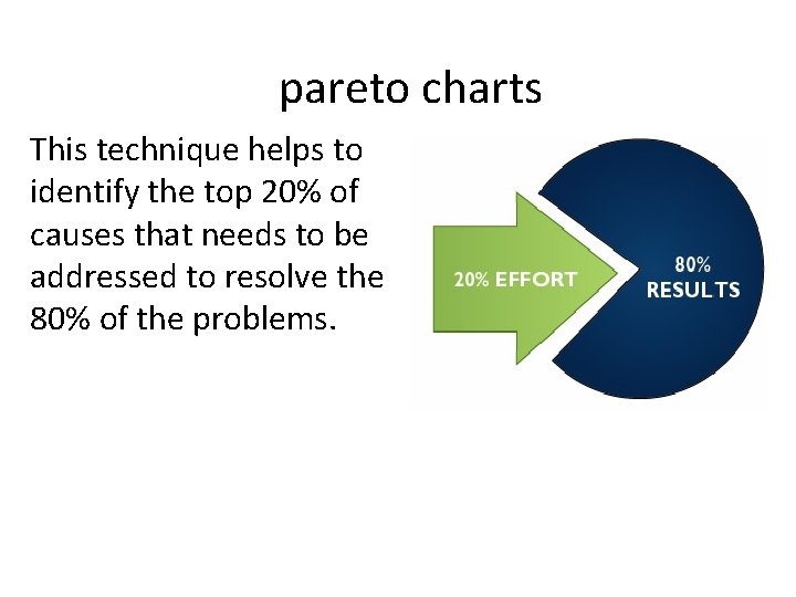 pareto charts This technique helps to identify the top 20% of causes that needs