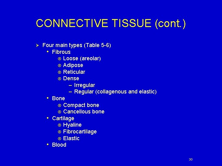 CONNECTIVE TISSUE (cont. ) Ø Four main types (Table 5 -6) • Fibrous Loose