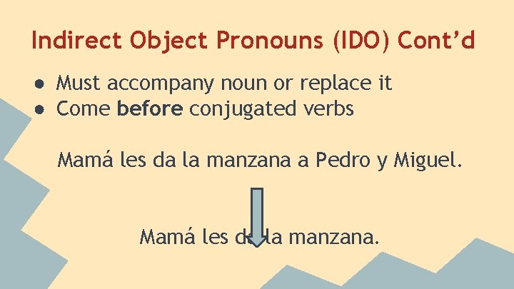 Indirect Object Pronouns (IDO) Cont’d ● Must accompany noun or replace it ● Come