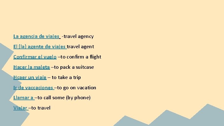La agencia de viajes -travel agency El (la) agente de viajes travel agent Confirmar
