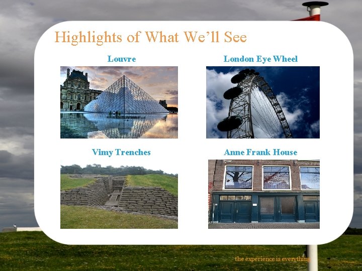 Highlights of What We’ll See Louvre London Eye Wheel Vimy Trenches Anne Frank House