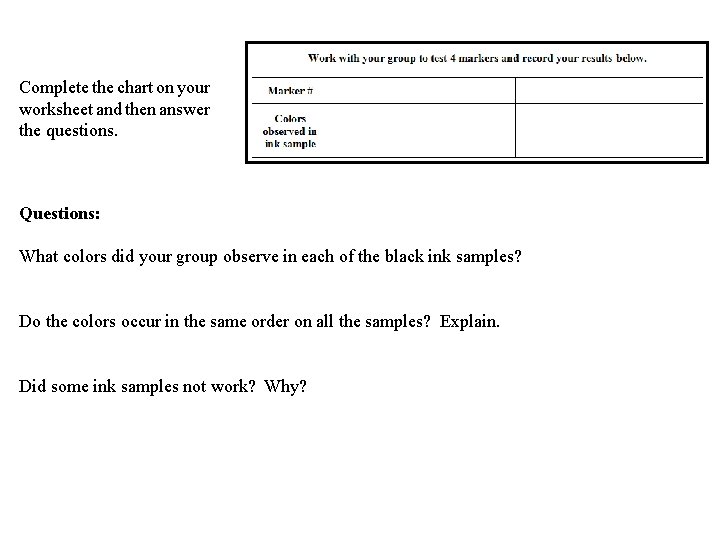 Complete the chart on your worksheet and then answer the questions. Questions: What colors