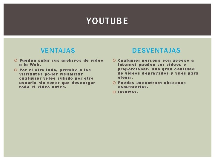 YOUTUBE VENTAJAS DESVENTAJAS Pueden subir sus archivos de video a la Web. Por el