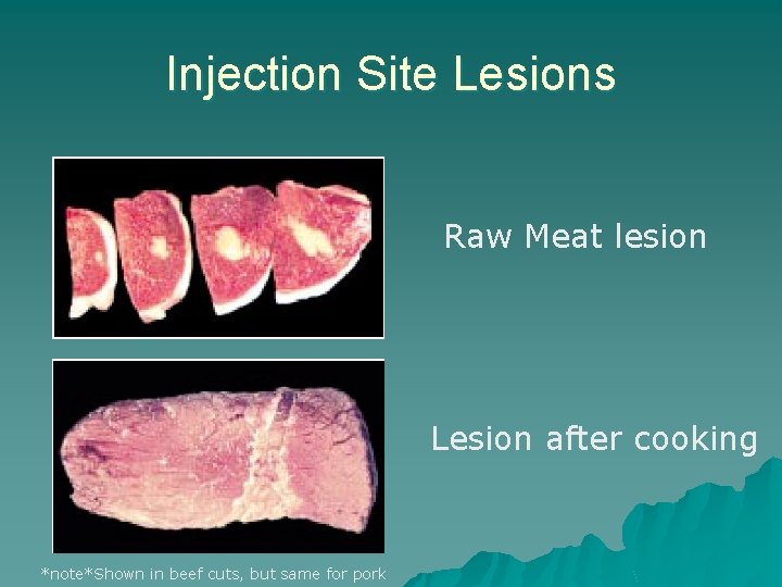 Injection Site Lesions Raw Meat lesion Lesion after cooking *note*Shown in beef cuts, but