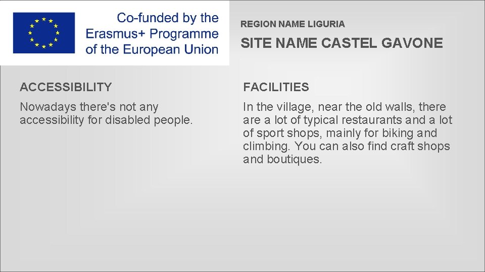 REGION NAME LIGURIA SITE NAME CASTEL GAVONE ACCESSIBILITY FACILITIES Nowadays there's not any accessibility