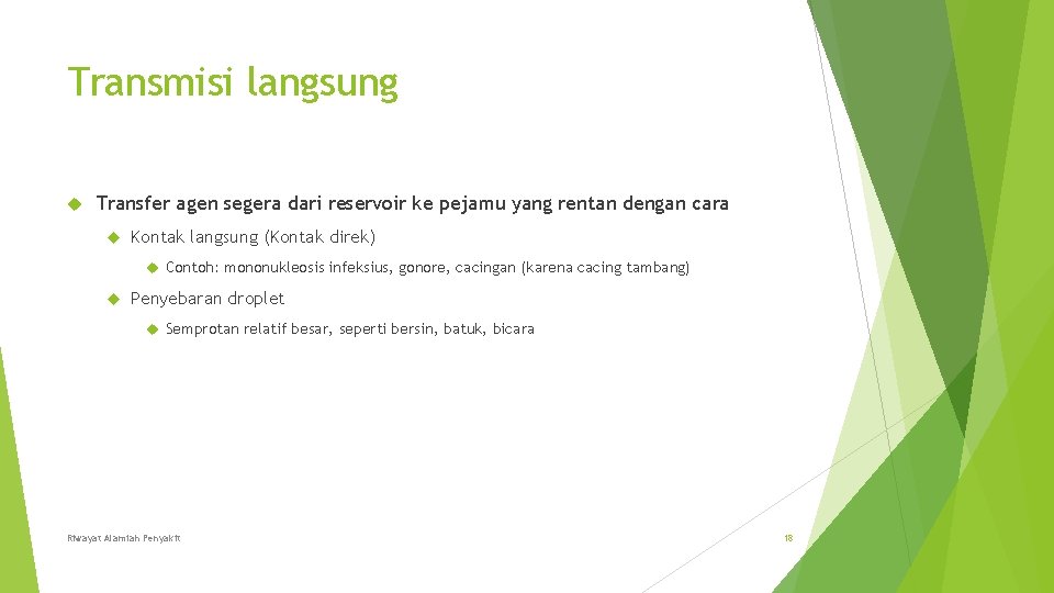 Transmisi langsung Transfer agen segera dari reservoir ke pejamu yang rentan dengan cara Kontak