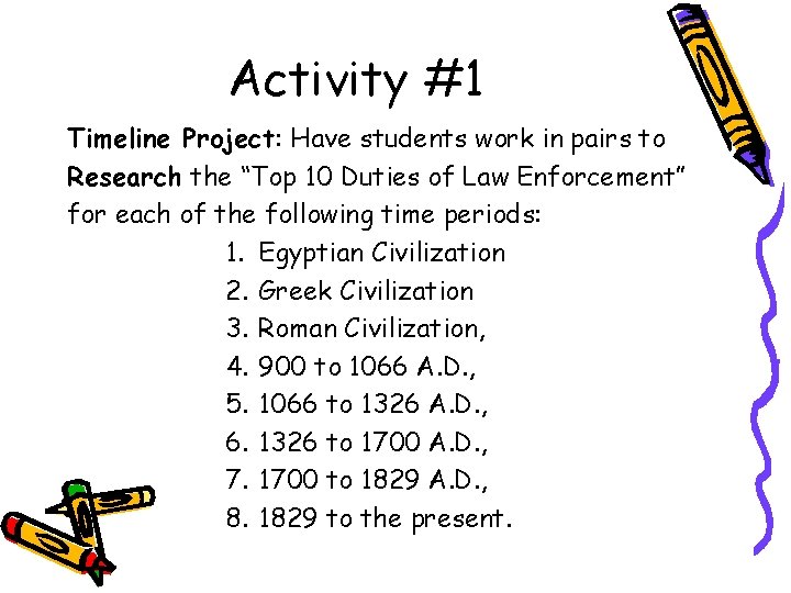 Activity #1 Timeline Project: Have students work in pairs to Research the “Top 10