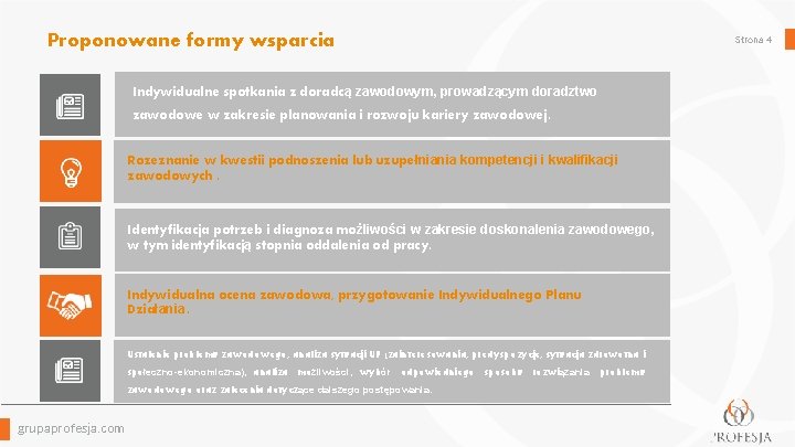 Proponowane formy wsparcia Indywidualne spotkania z doradcą zawodowym, prowadzącym doradztwo zawodowe w zakresie planowania