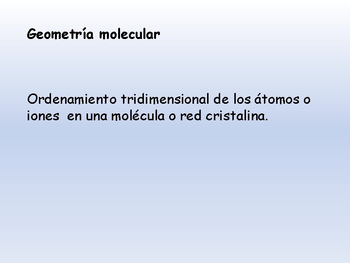 Geometría molecular Ordenamiento tridimensional de los átomos o iones en una molécula o red