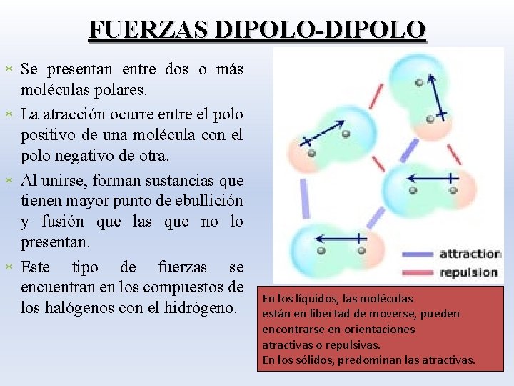 FUERZAS DIPOLO-DIPOLO * Se presentan entre dos o más moléculas polares. * La atracción