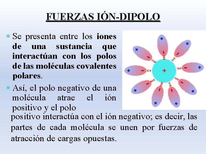 FUERZAS IÓN-DIPOLO * Se presenta entre los iones de una sustancia que interactúan con