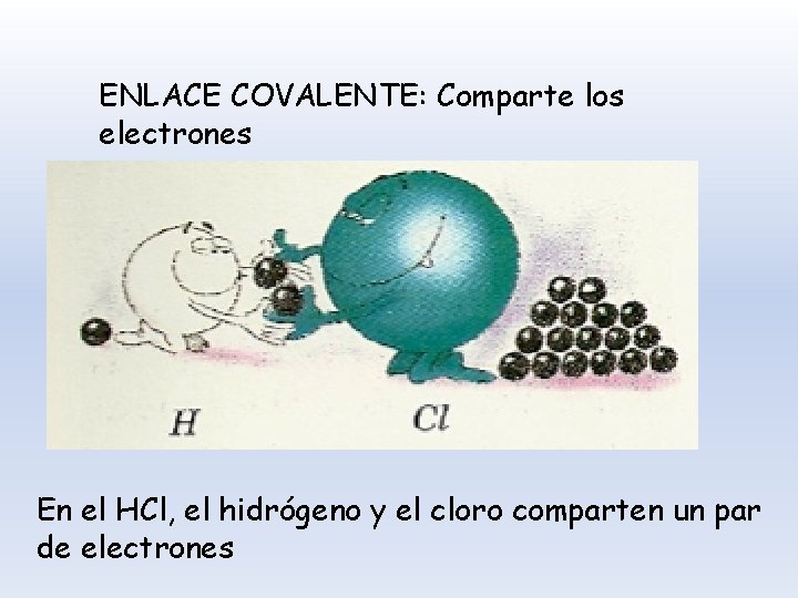 ENLACE COVALENTE: Comparte los electrones En el HCl, el hidrógeno y el cloro comparten