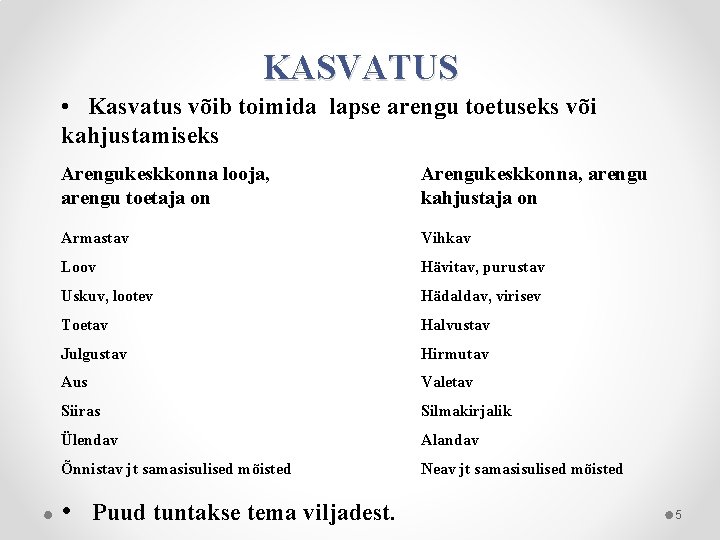 KASVATUS • Kasvatus võib toimida lapse arengu toetuseks või kahjustamiseks Arengukeskkonna looja, arengu toetaja