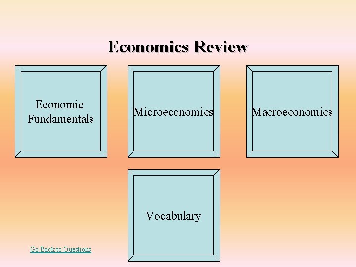 Economics Review Economic Fundamentals Microeconomics Vocabulary Go Back to Questions Macroeconomics 