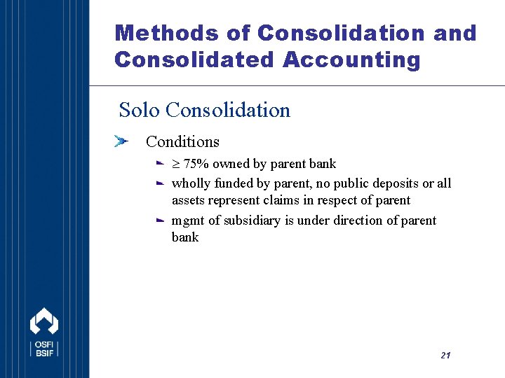 Methods of Consolidation and Consolidated Accounting Solo Consolidation Conditions 75% owned by parent bank