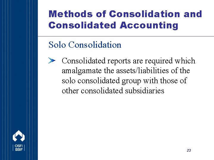 Methods of Consolidation and Consolidated Accounting Solo Consolidation Consolidated reports are required which amalgamate
