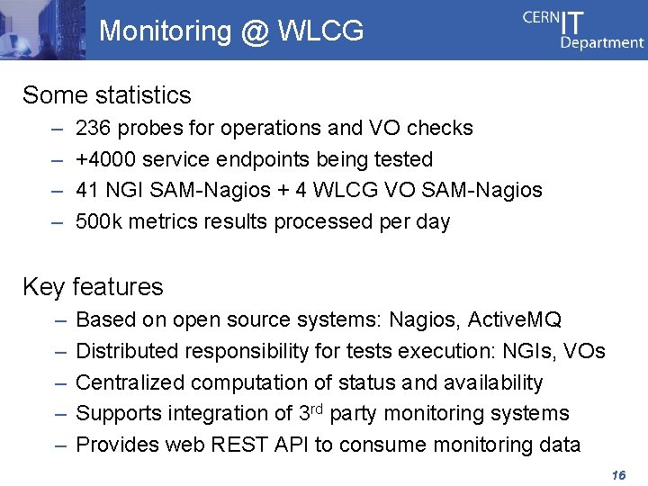 Monitoring @ WLCG Some statistics – – 236 probes for operations and VO checks
