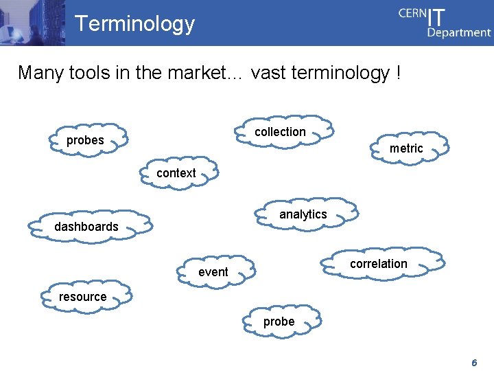 Terminology Many tools in the market… vast terminology ! collection probes metric context analytics