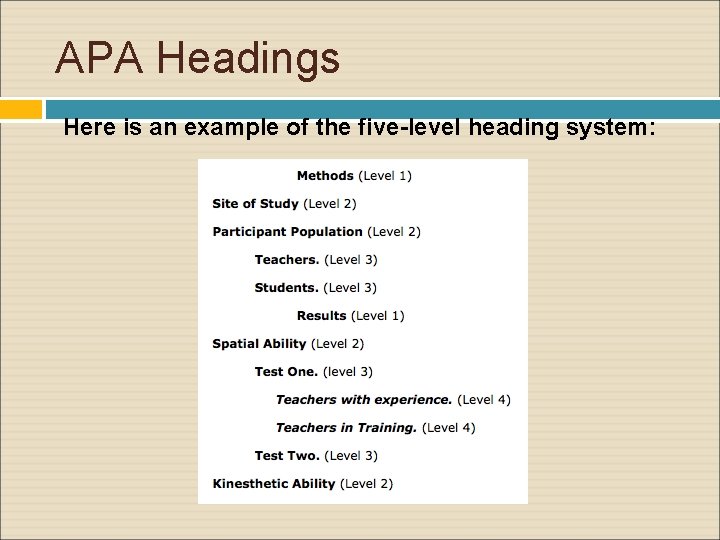 APA Headings Here is an example of the five-level heading system: 