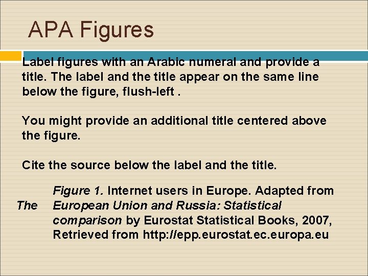 APA Figures Label figures with an Arabic numeral and provide a title. The label