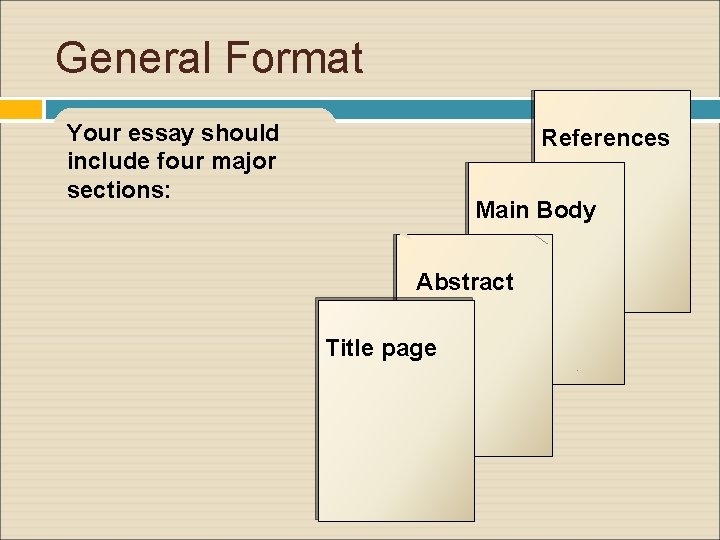 General Format Your essay should include four major sections: References Main Body Abstract Title