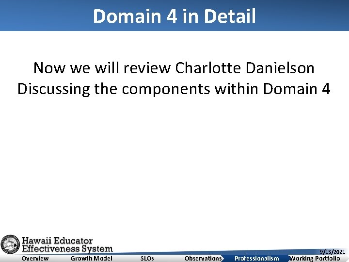 Domain 4 in Detail Now we will review Charlotte Danielson Discussing the components within