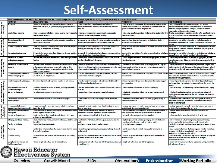 Self-Assessment Overview Growth Model SLOs Observations Professionalism Working Portfolio 