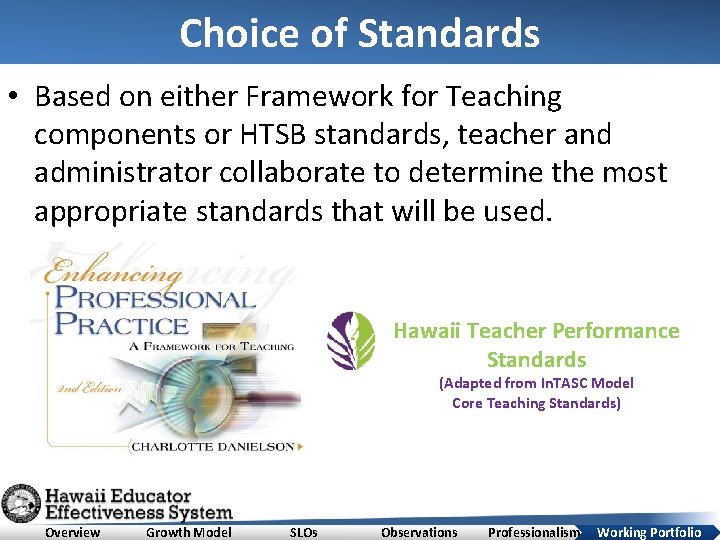 Choice of Standards • Based on either Framework for Teaching components or HTSB standards,