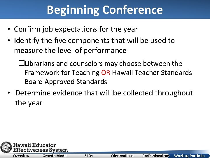 Beginning Conference • Confirm job expectations for the year • Identify the five components