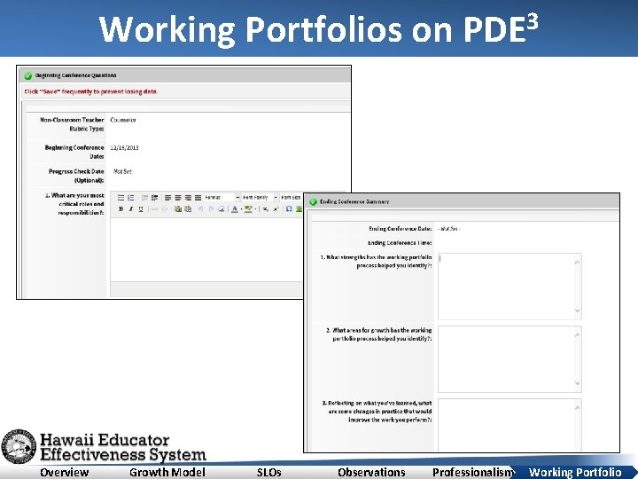 Working Portfolios on PDE 3 Overview Growth Model SLOs Observations Professionalism Working Portfolio 