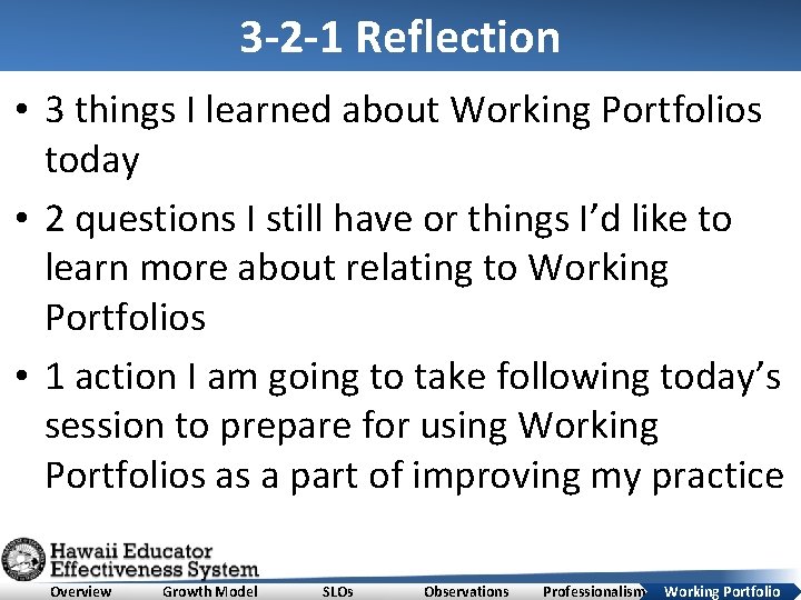 3 -2 -1 Reflection • 3 things I learned about Working Portfolios today •