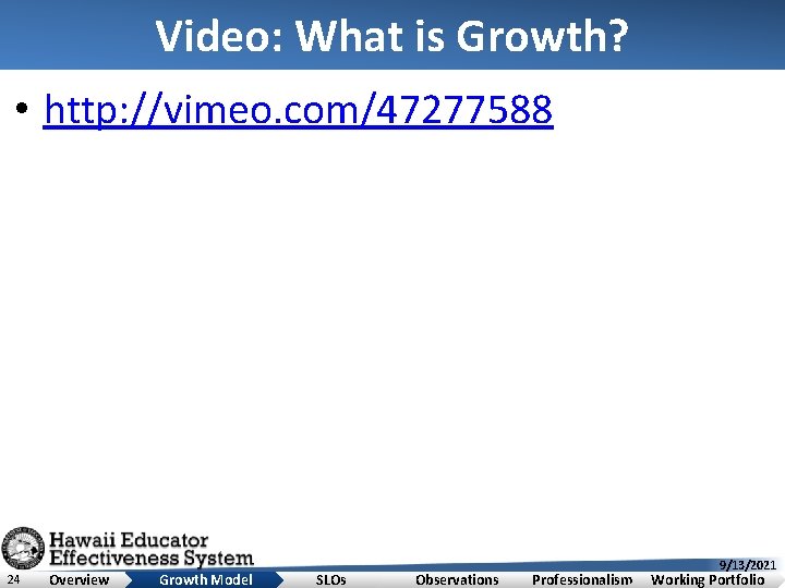 Video: What is Growth? • http: //vimeo. com/47277588 24 Overview Growth Model SLOs Observations