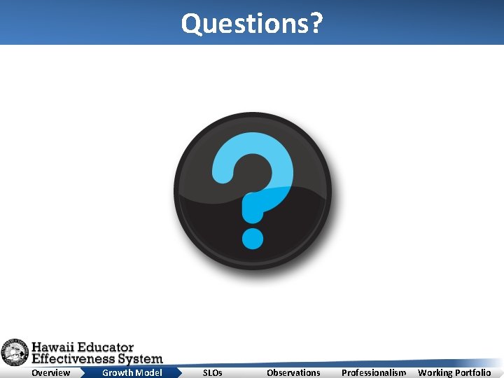 Questions? Overview Growth Model SLOs Observations Professionalism Working Portfolio 