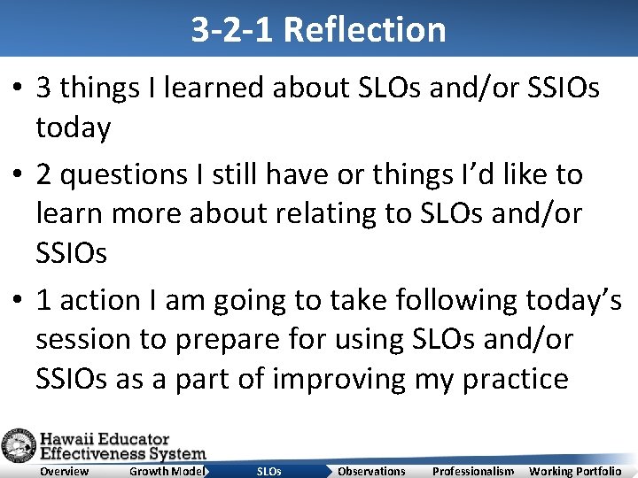 3 -2 -1 Reflection • 3 things I learned about SLOs and/or SSIOs today