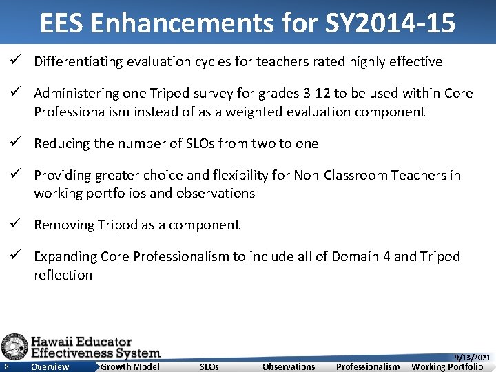 EES Enhancements for SY 2014 -15 ü Differentiating evaluation cycles for teachers rated highly