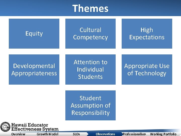 Themes Equity Cultural Competency High Expectations Developmental Appropriateness Attention to Individual Students Appropriate Use