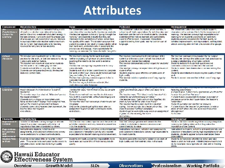 Attributes Overview Growth Model SLOs Observations Professionalism Working Portfolio 