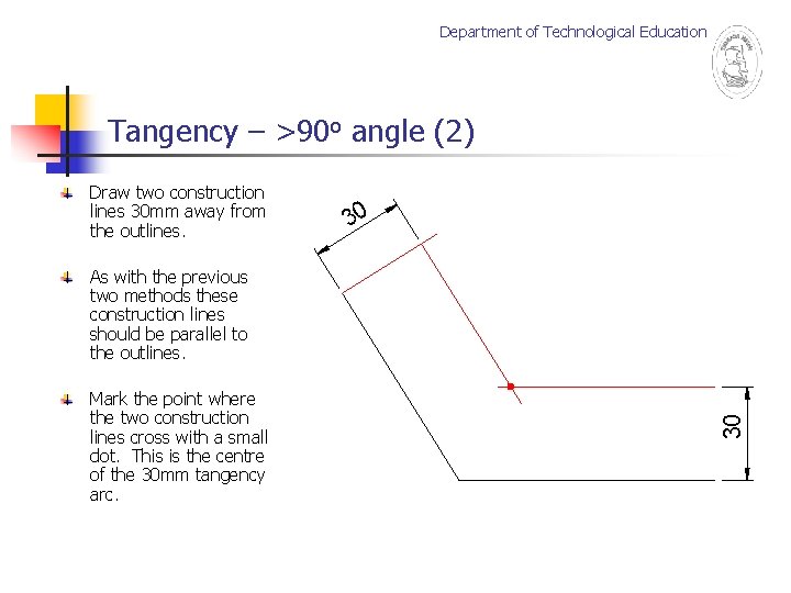 Department of Technological Education Tangency – >90 o angle (2) Draw two construction lines