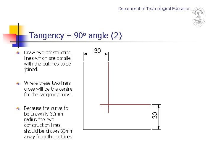 Department of Technological Education Tangency – 90 o angle (2) Draw two construction lines