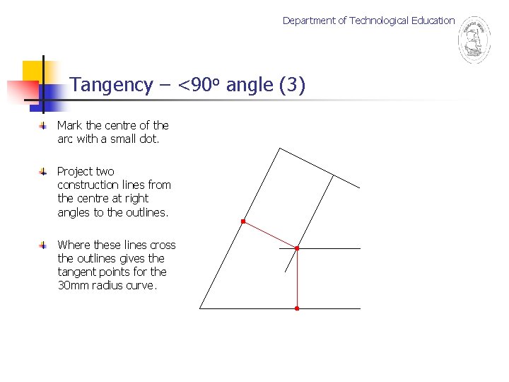 Department of Technological Education Tangency – <90 o angle (3) Mark the centre of