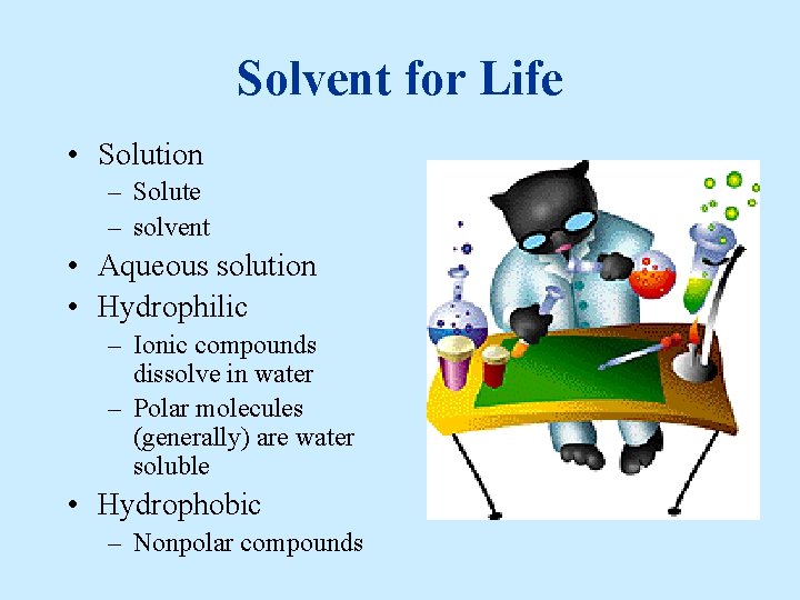 Solvent for Life • Solution – Solute – solvent • Aqueous solution • Hydrophilic