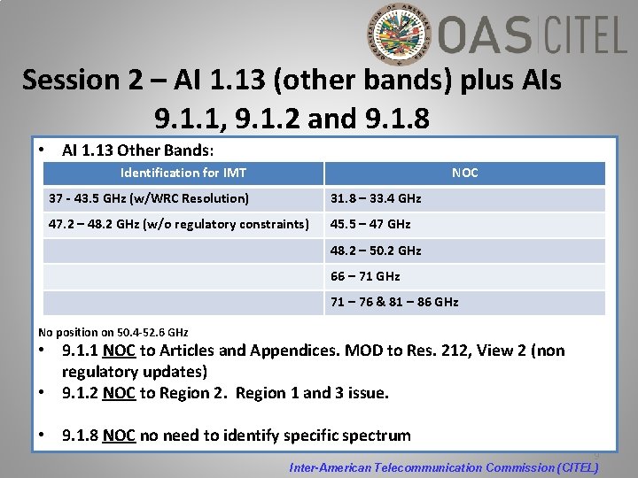 Session 2 – AI 1. 13 (other bands) plus AIs 9. 1. 1, 9.