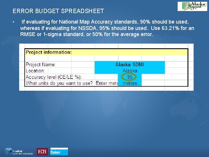 ERROR BUDGET SPREADSHEET • If evaluating for National Map Accuracy standards, 90% should be